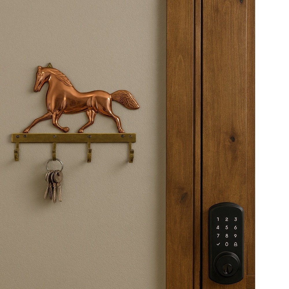 Vintage Copper Horse Key Holder Wall Mount‎ Brass Hooks Equestrian Decor